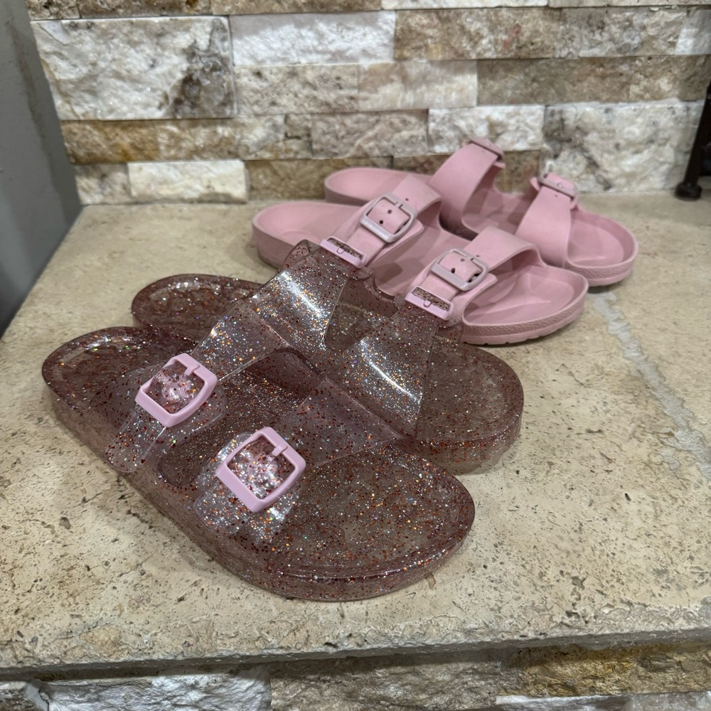 Cat & Jack 2 Pairs Pink and Glitter Sandals with Buckle Straps Women's Size 6.5